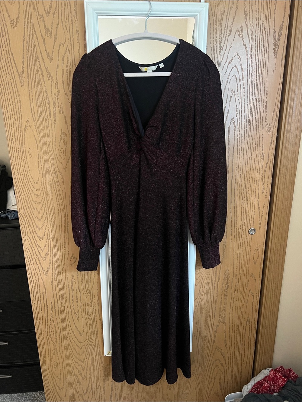 Boden Sparkle Twist-Front Long Sleeve Dress in Deep Burgundy